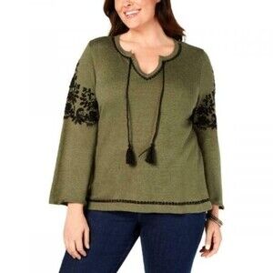 STYLE & CO Small Green Embroidered Sweater Tassel Tie V-Neck Bell Sleeves